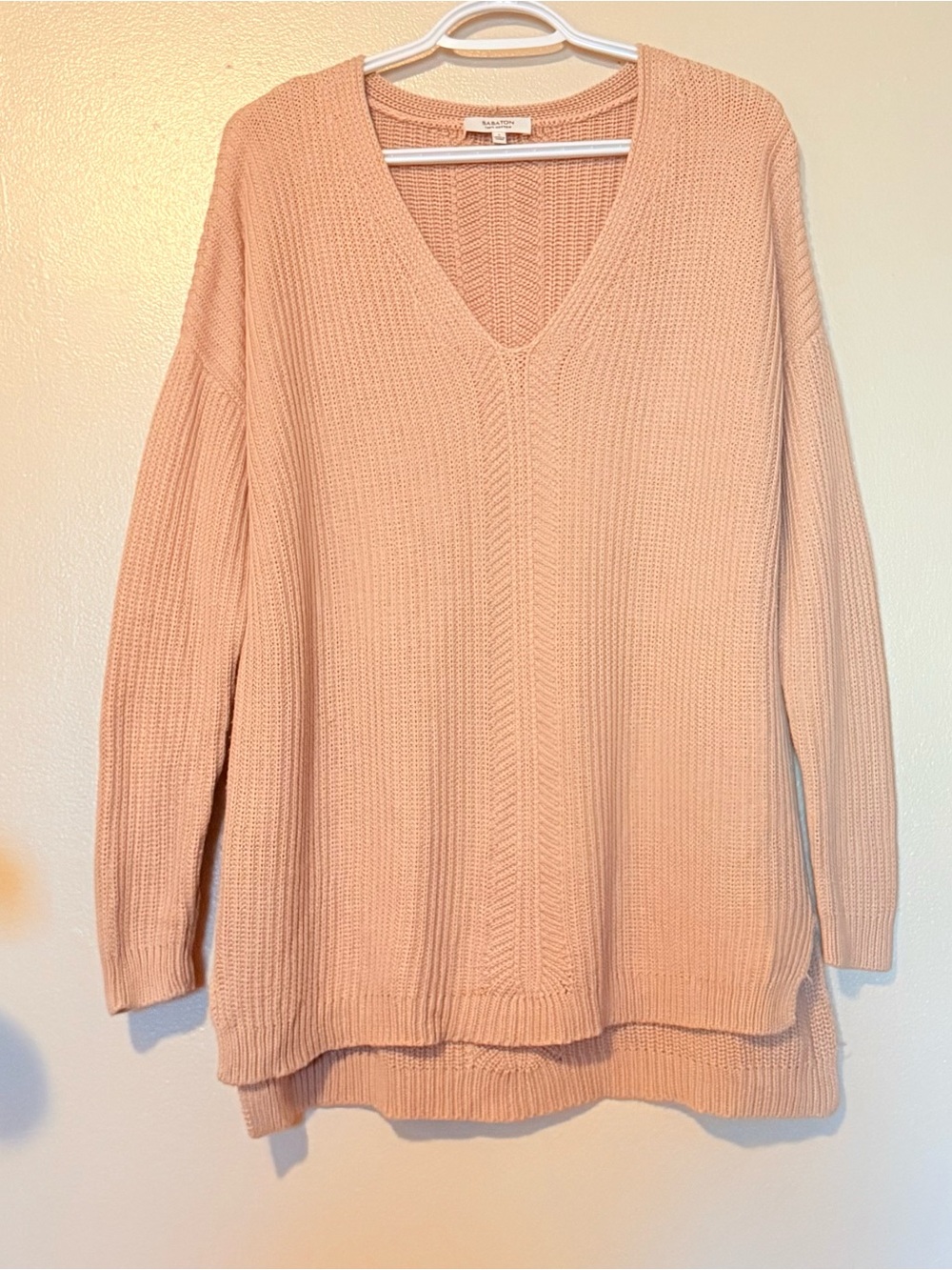 Babaton Blush Tan V-Neck Ribbed Knit Sweater